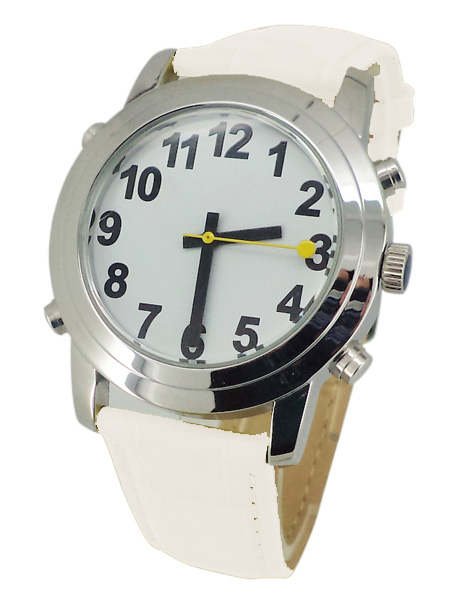 Low Vision Talking Watch for low vision or vision impaired white leather band - TTW-LVTW-WHT