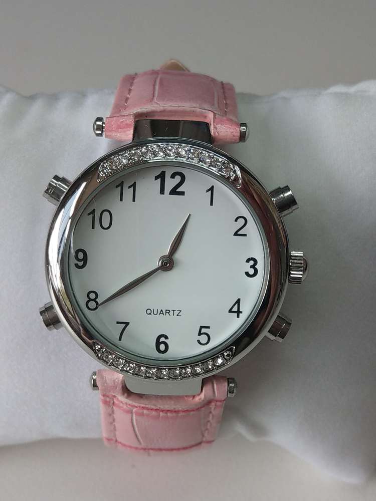 Low Vision Talking Watch for people with low vision, blindness rhinestone pink band - TTW-LVTW-RPK